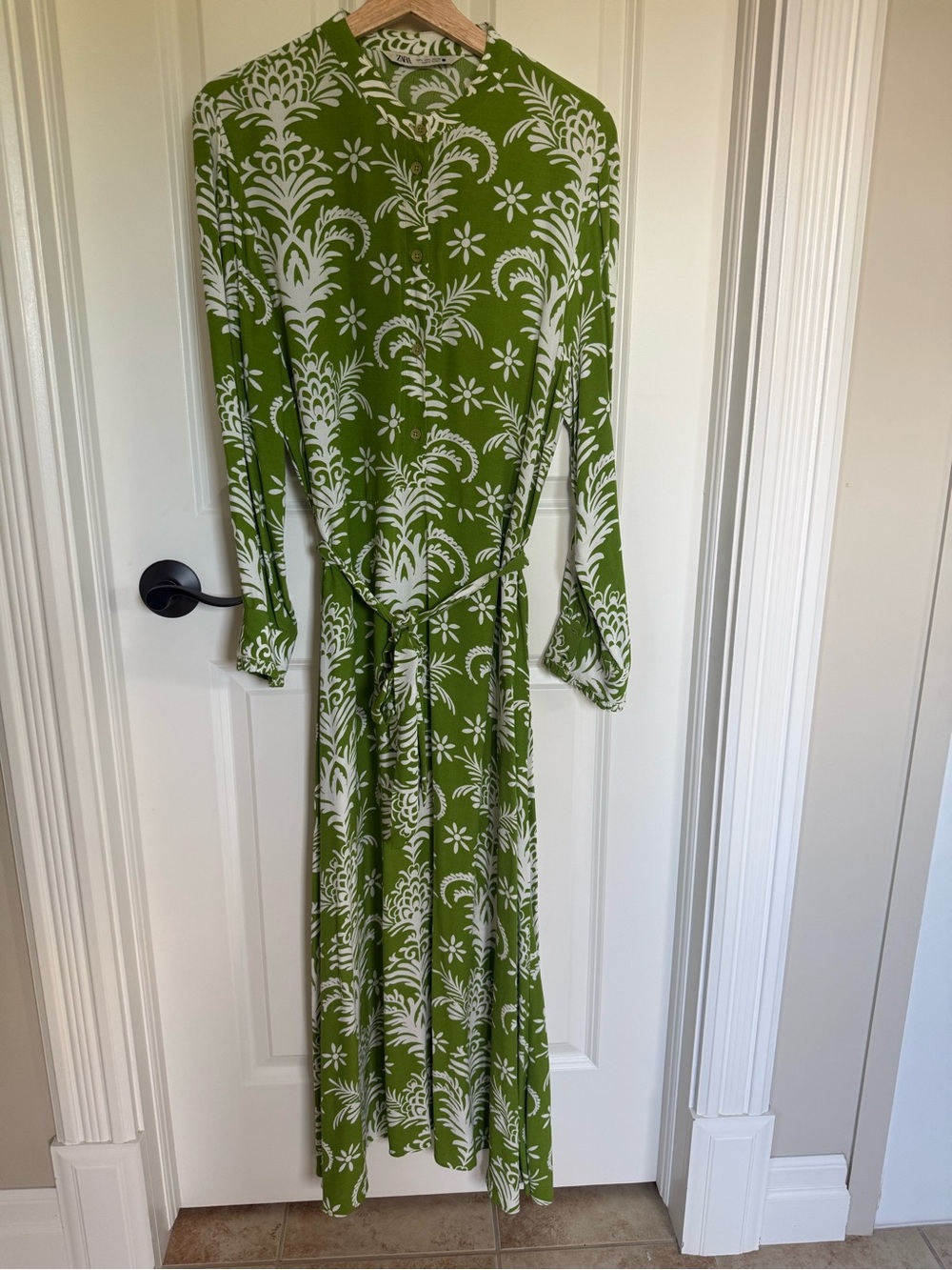 Zara Green White Floral Print Belted Maxi Shirt Dress Size L